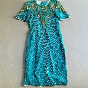 Vintage Mark & John Green Beaded Silk Bejeweled 1960s Turquoise Cocktail Dress M